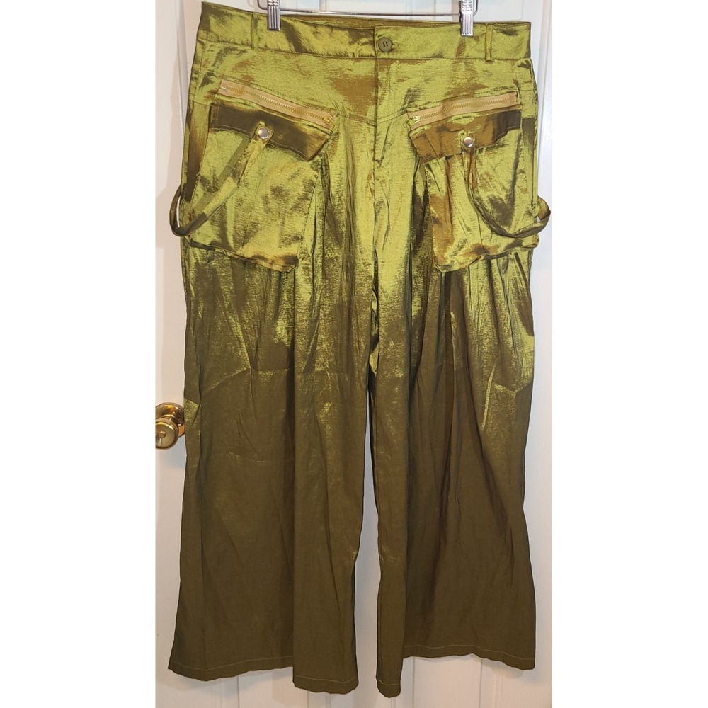 Green‎ Iridescent Wide Leg Cargo Pant Avant Garde Women XXL Street Party - Picture 2 of 11